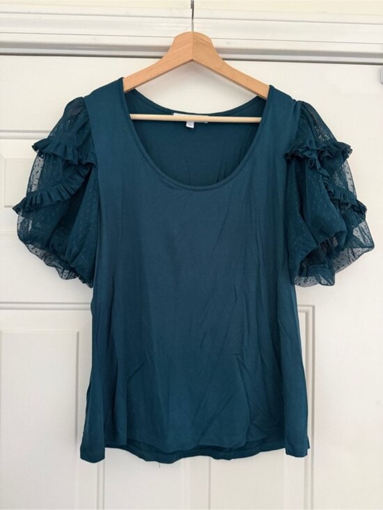 Tops - Teal Short Sleeve Puff Top with Sheer Ruffle Sleeves
